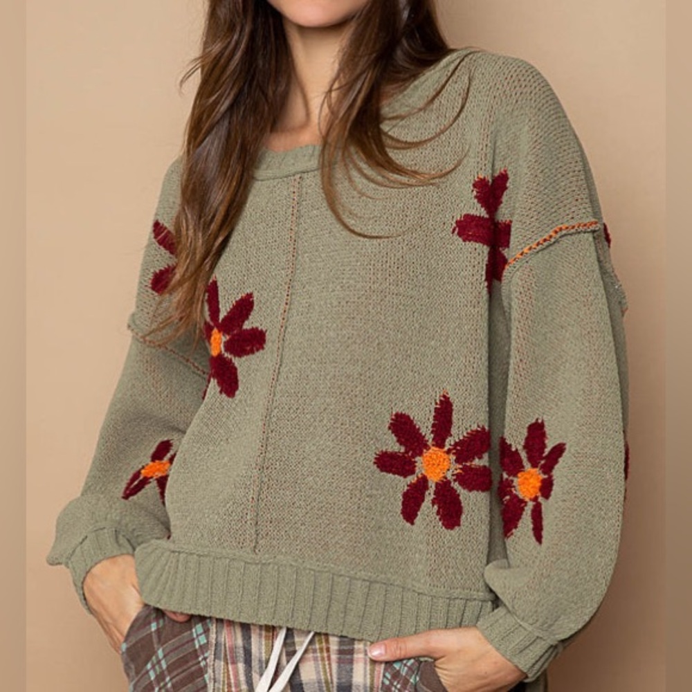 P O L Olive Green Floral CHENILLE Knit Sweater with Burgundy FLORAL ACCENTS SZ S